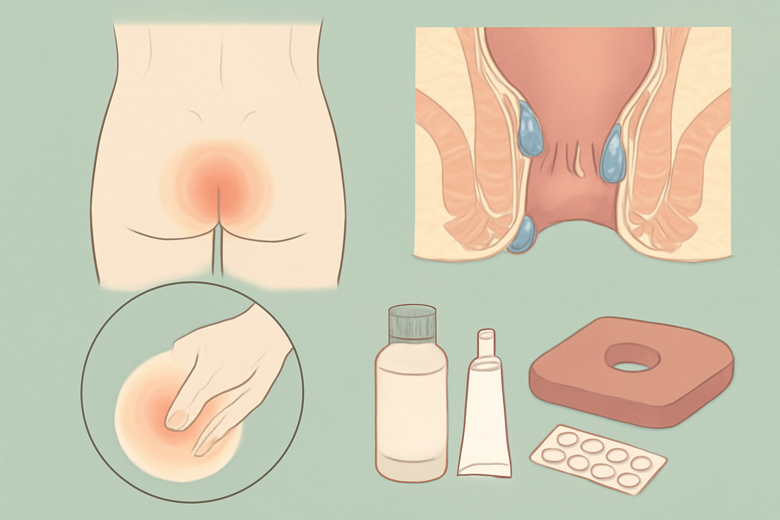 Postpartum perineal care scene showing a reddened, swollen perineum, a close-up indicating discomfort, a hand pressed to the area, and care items (ointment, spray, pads, donut cushion, and pills).