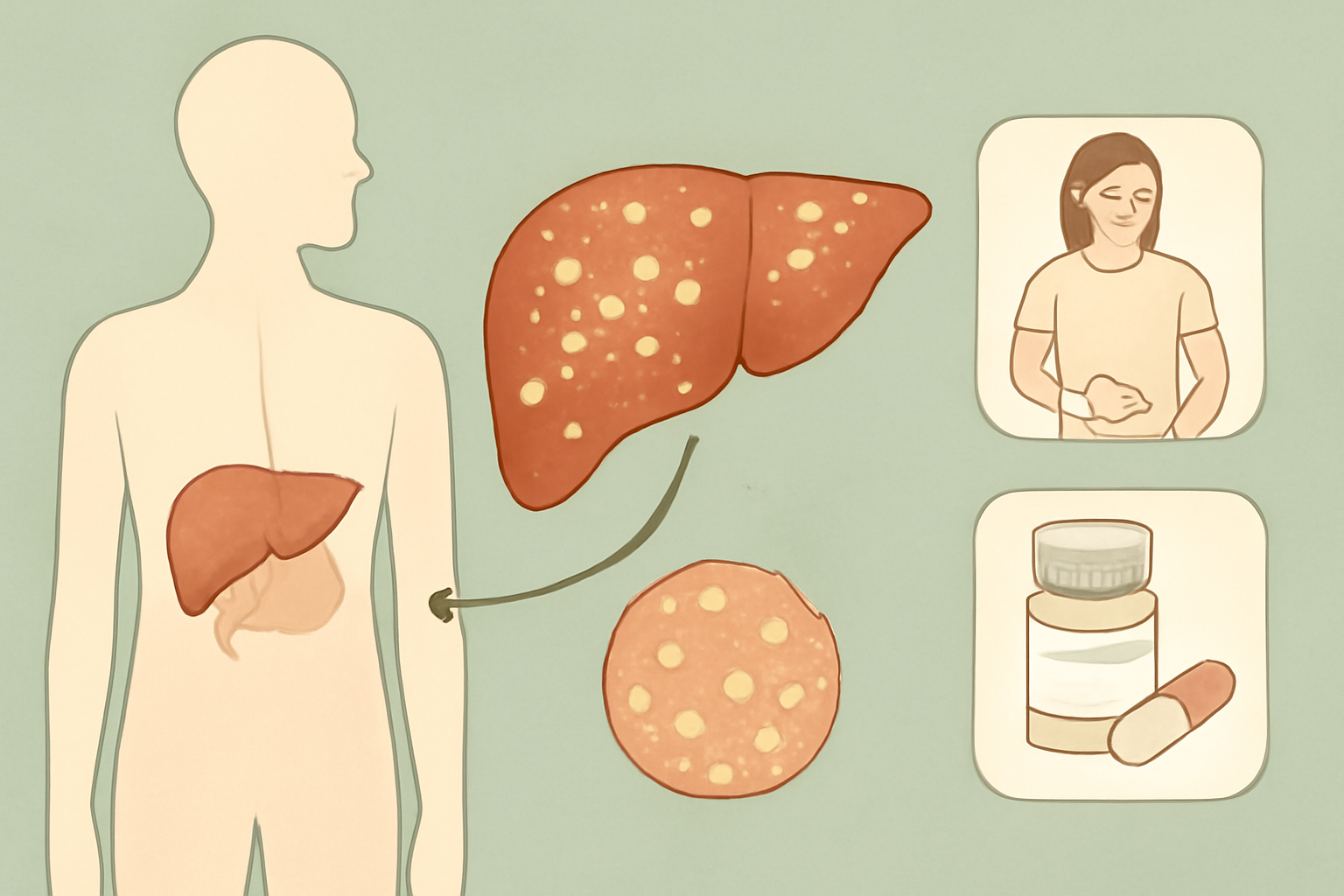Diagram of a human silhouette with the liver highlighted, connected to a liver showing spots and pills in a bottle to indicate medication impact on the liver.