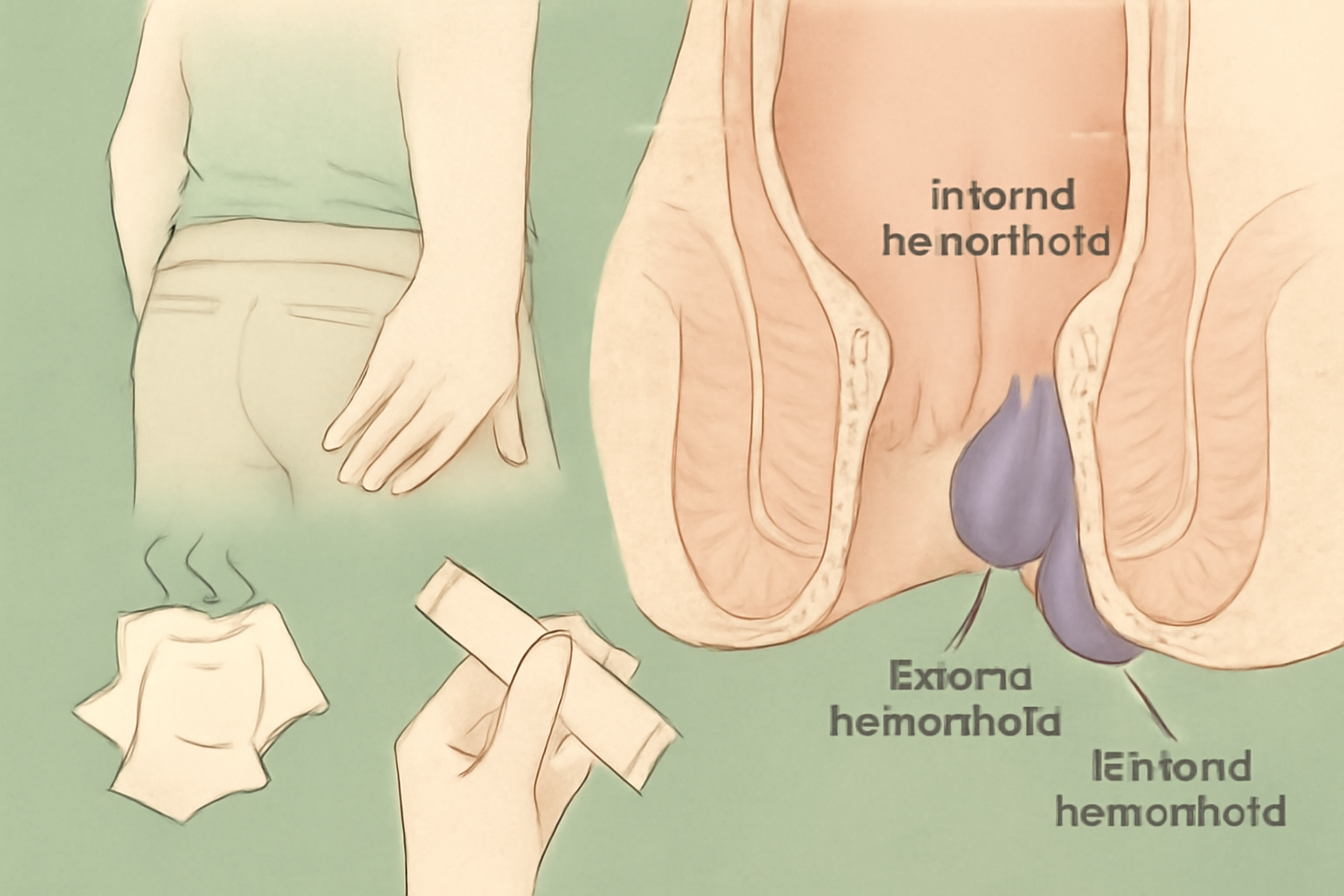 Medical illustration of the buttocks and anal canal showing internal and external hemorrhoids labeled in blue and pink regions for educational purposes.