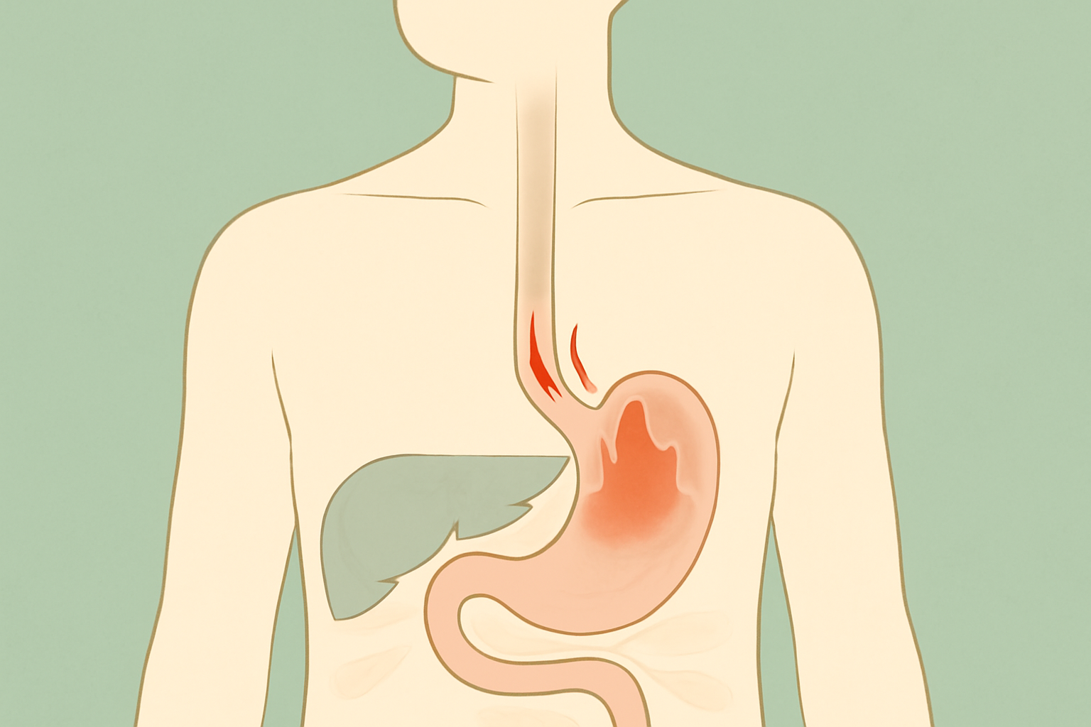 Diagram of a sliding hiatal hernia: part of the stomach moves above the diaphragm, with reflux signs at the esophagus.