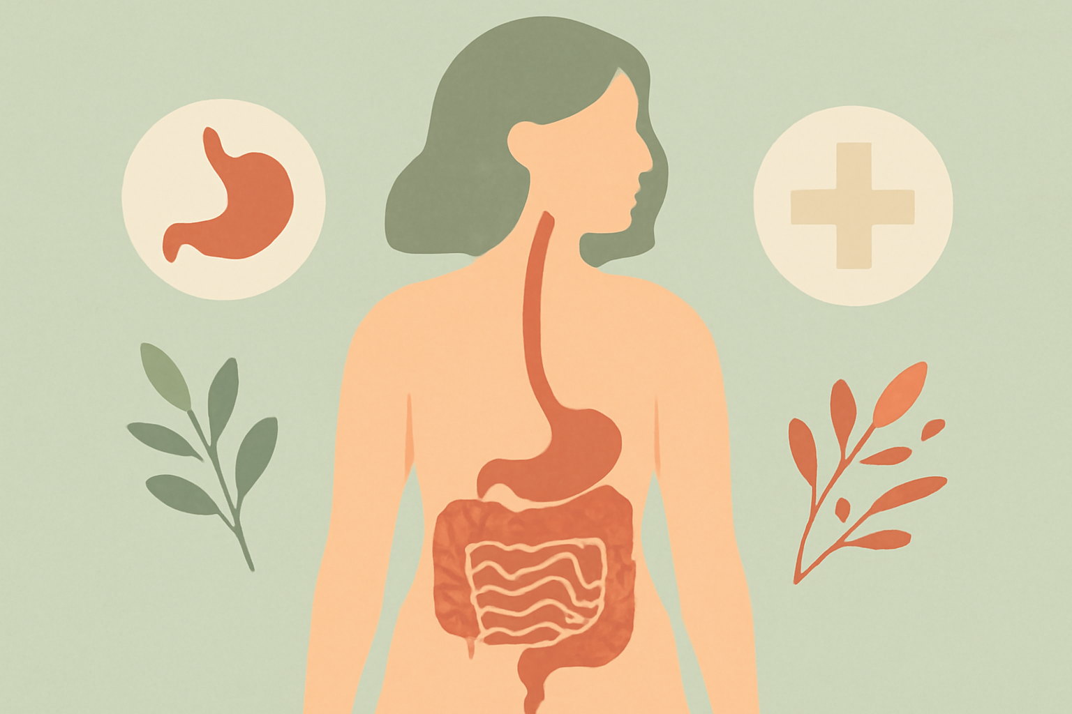 Abstract illustration of a woman's torso highlighting the esophagus and intestines, with a stomach icon on the left and a medical plus icon on the right.